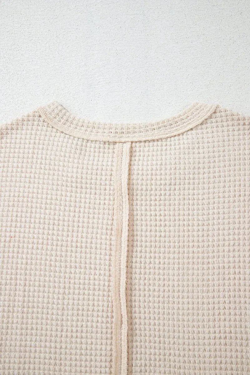 Pale Khaki Solid Color Textured Seamed Short Sleeve Top - Love Salve